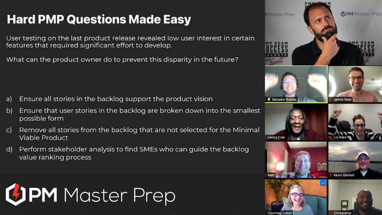 PMP question solving group coaching call.